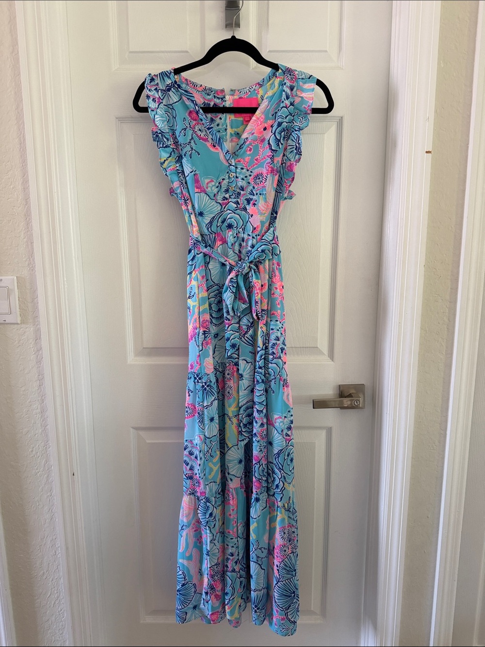 Lilly Pulitzer Blue Floral Maxi Dress with Pink Accents